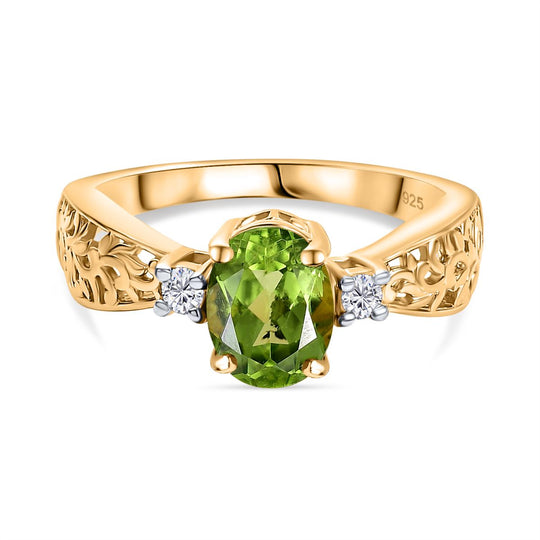 Natürlicher Peridot, Weißer Zirkon Ring 925 Silber 750 Gelb Vergoldet (Größe 16.00) ca. 1.32 ct
