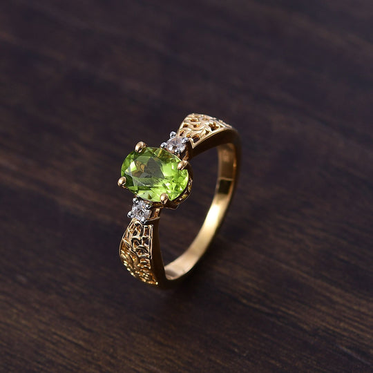 Natürlicher Peridot, Weißer Zirkon Ring 925 Silber 750 Gelb Vergoldet (Größe 16.00) ca. 1.32 ct