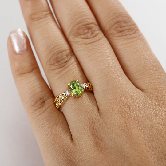 Natürlicher Peridot, Weißer Zirkon Ring 925 Silber 750 Gelb Vergoldet (Größe 16.00) ca. 1.32 ct