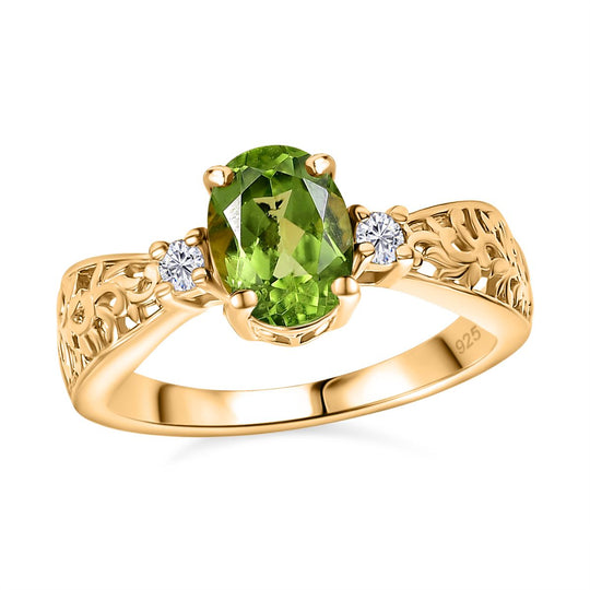 Natürlicher Peridot, Weißer Zirkon Ring 925 Silber 750 Gelb Vergoldet (Größe 16.00) ca. 1.32 ct