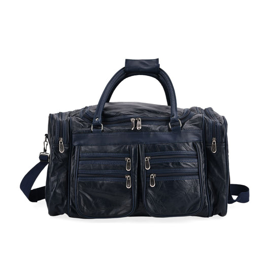 CLOSE OUT - Patchwork-Reisetasche aus Schafleder mit 6 Außentaschen und Schulterriemen, 51x29x28 cm, Blau