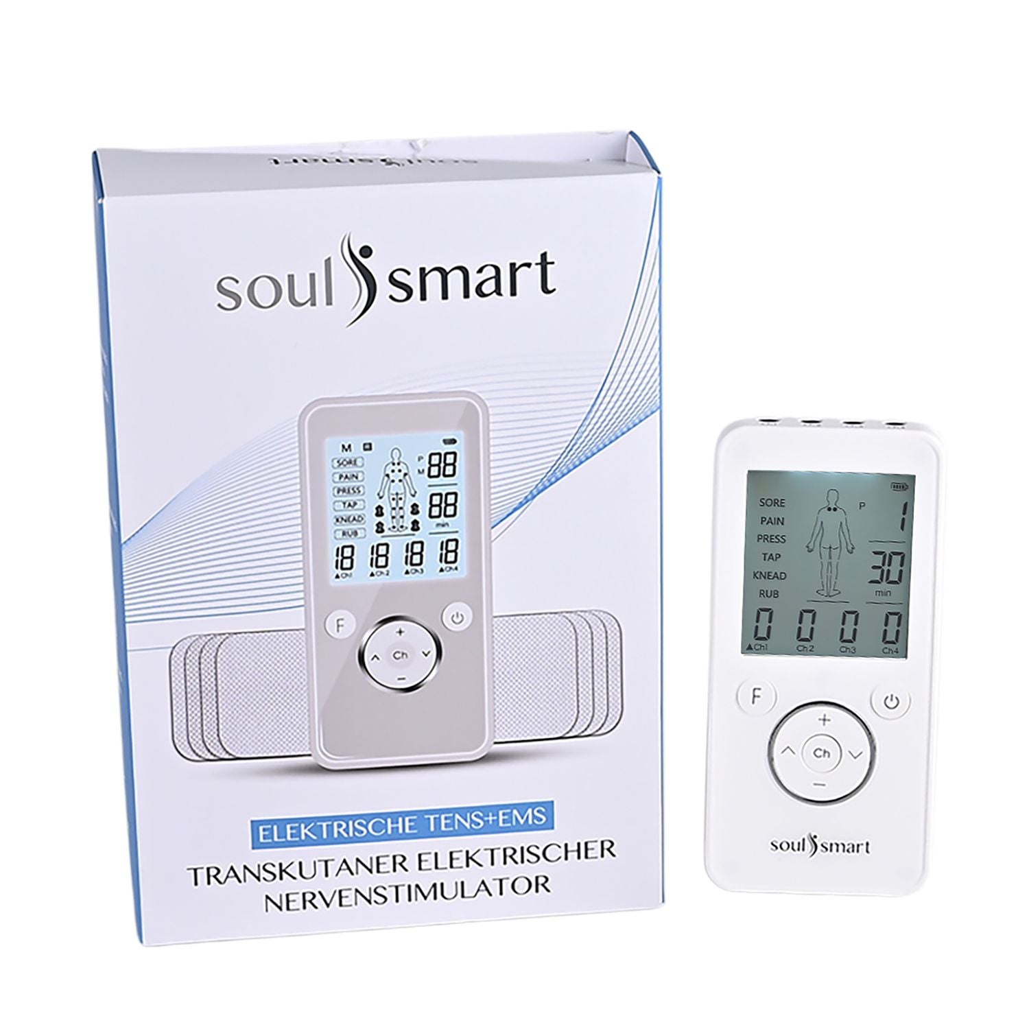 SOULSMART - Elektrischer TENS-Schmerztherapie und EMS-Stimulator, Weiß