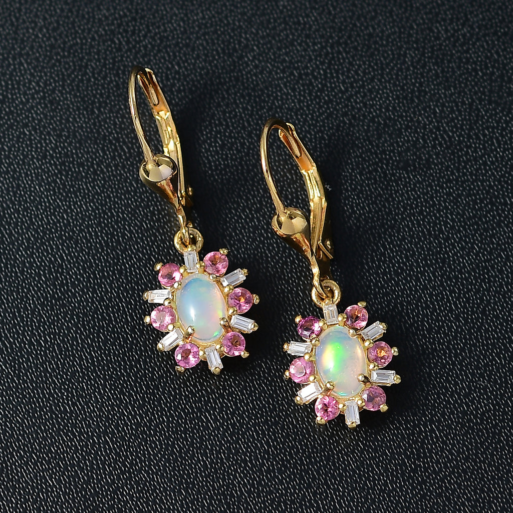 AA Natürlicher, äthiopischer Welo Opal, Rosa Turmalin Ohrringe 925 Silber 750 Gelbgold Vermeil ca. 1.61 ct