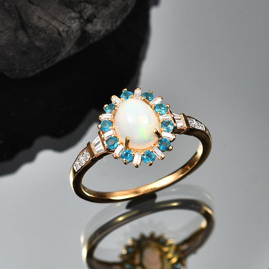 AA Natürlicher, äthiopischer Welo Opal, Neon Apatit Ring 925 Silber 750 Gelbgold Vermeil (Größe 20.00) ca. 1,97 ct