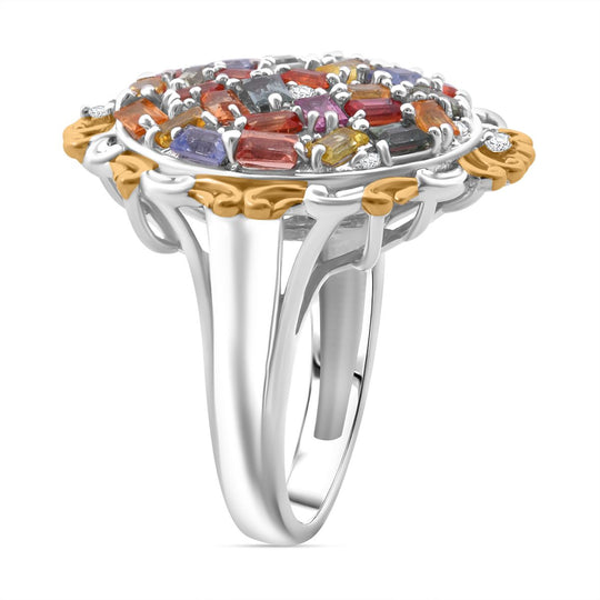 Mehrfarbiger Saphir, Weißer Zirkon Ring 925 Silber Gelbgold Vermeil (Größe 21.00) ca. 3.64 ct