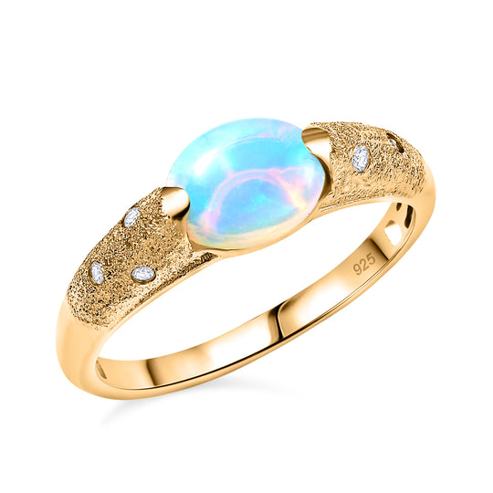 AA Natürlicher, äthiopischer Welo Opal, Moissanit Ring 925 Silber 750 Gelbgold Vermeil (Größe 20.00) ca. 1,35 ct