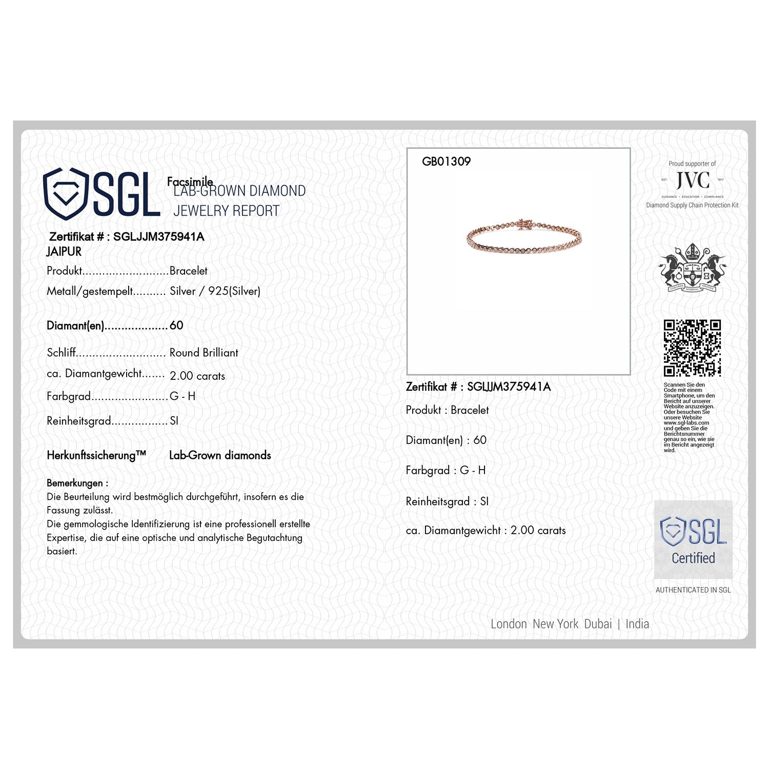 LUXURIANT DIAMOND - Lab Grown Diamant SI-GH SGL zertifiziert Armband ca. 19 cm 925 Silber ca. 2.00 ct