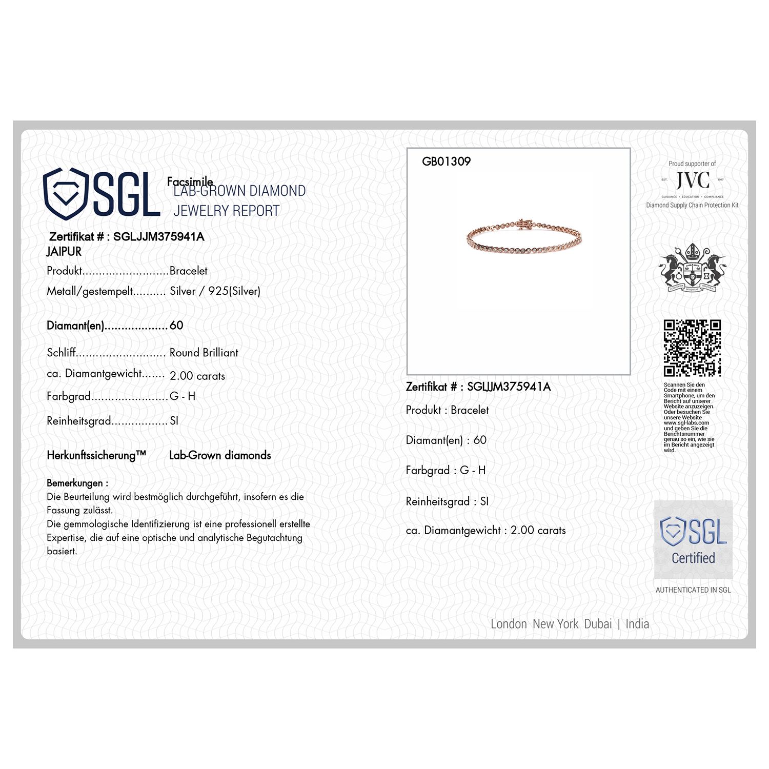 LUXURIANT DIAMOND - Lab Grown Diamant SI-GH SGL zertifiziert Armband ca. 19 cm 925 Silber ca. 2.00 ct