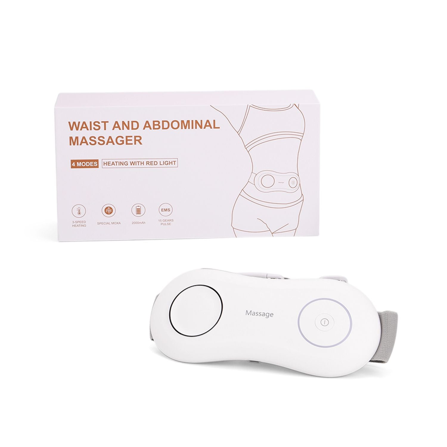 EMS Bauch und Taillen Massagegurt mit Wärme, 4 Modi, 15 Intensitäten, 3 Heizstufen, 10 Min Timer, 1200 mAh Akku, USB, 23 x 10 x 5 cm, Weiß