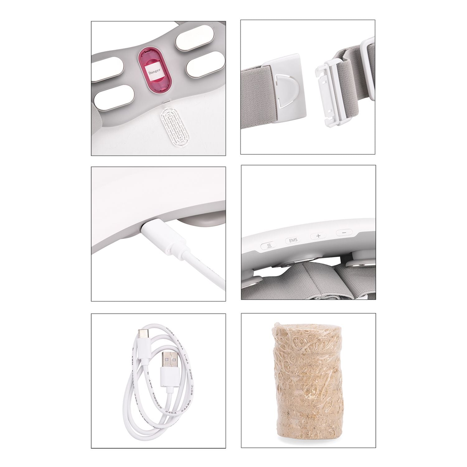 EMS Bauch und Taillen Massagegurt mit Wärme, 4 Modi, 15 Intensitäten, 3 Heizstufen, 10 Min Timer, 1200 mAh Akku, USB, 23 x 10 x 5 cm, Weiß
