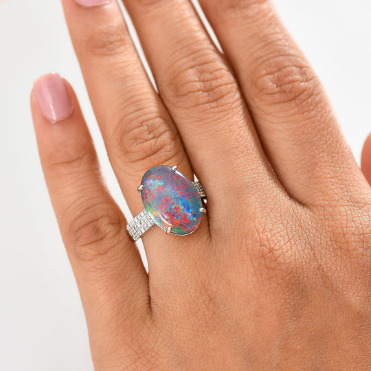 AA Australischer Boulder Opal, Lab Grown Diamant Ring, AGI zertifiziert und geprüft,  417 Weiß Gold (Größe 17.00) ca. 6.67 ct
