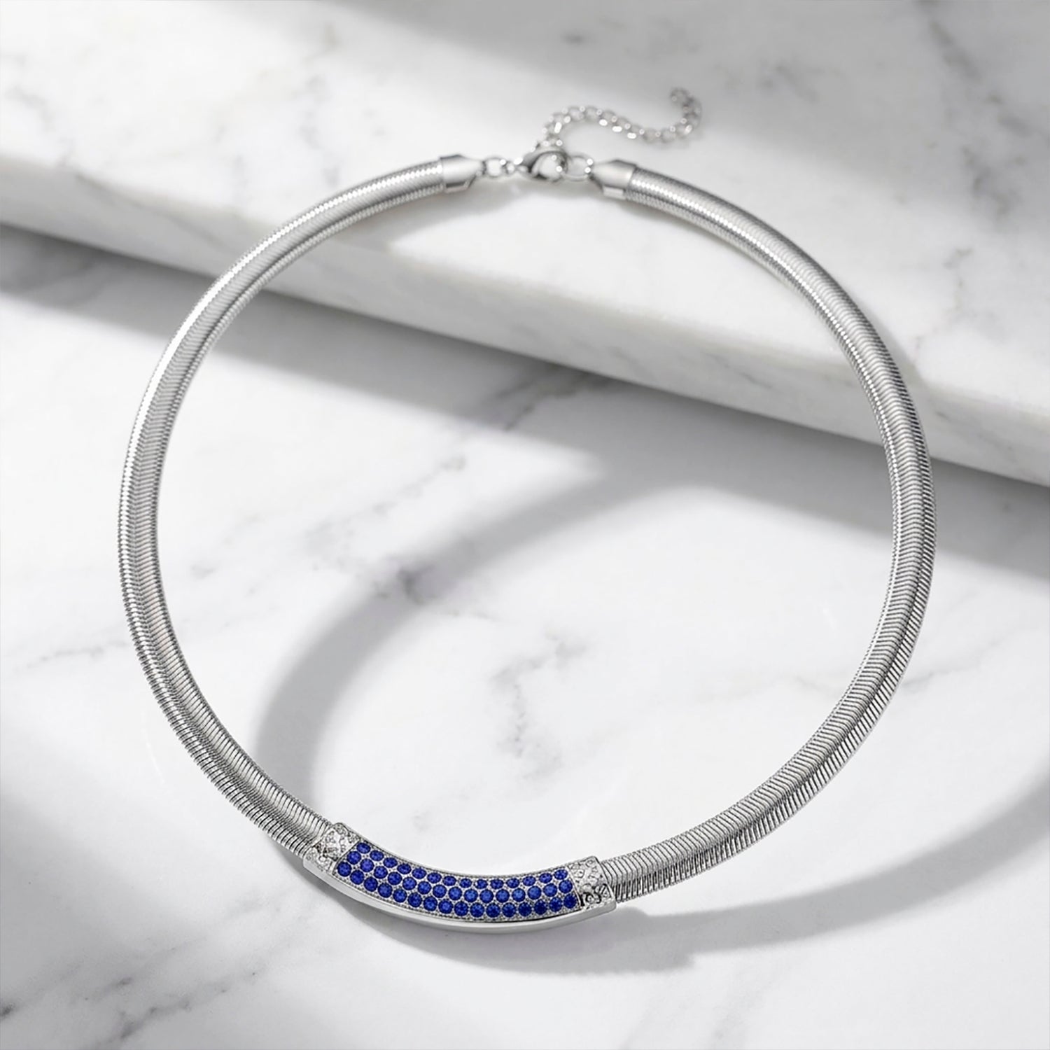 DESIGNER-INSPIRIERT Blaue Kristall Halskette ca. 50 cm + 5 cm extender, Reiner Edelstahl