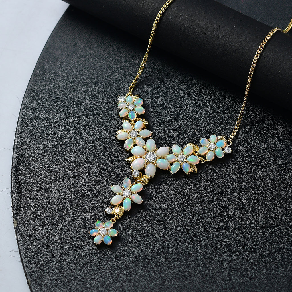 AA Natürlicher, äthiopischer Welo Opal, Moissanit Halskette ca. 45 cm 925 Silber 750 Gelbgold Vermeil ca. 9,51 ct.