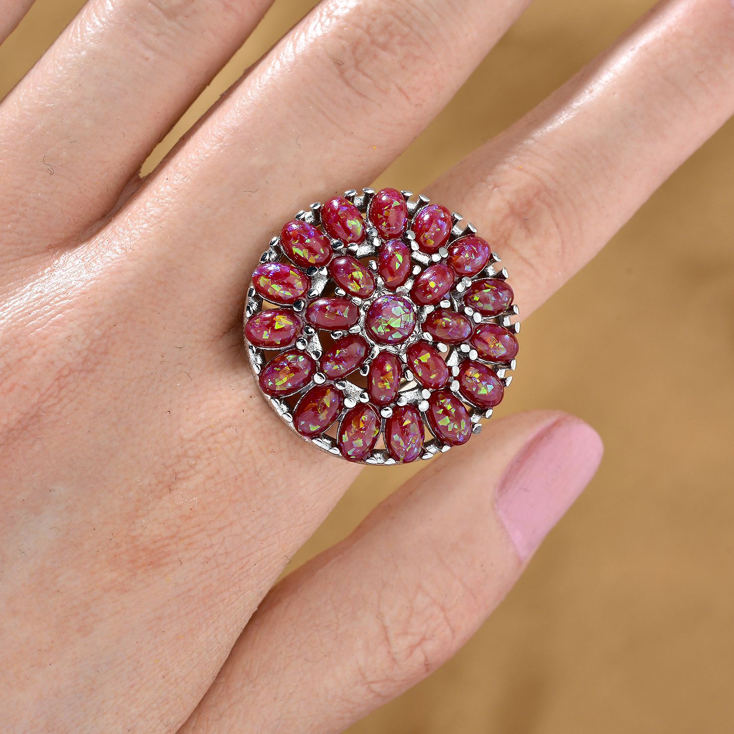 Simulierter Roter Opal Ring, flexibel (Größe 17.00-19.00), 316L Edelstahl