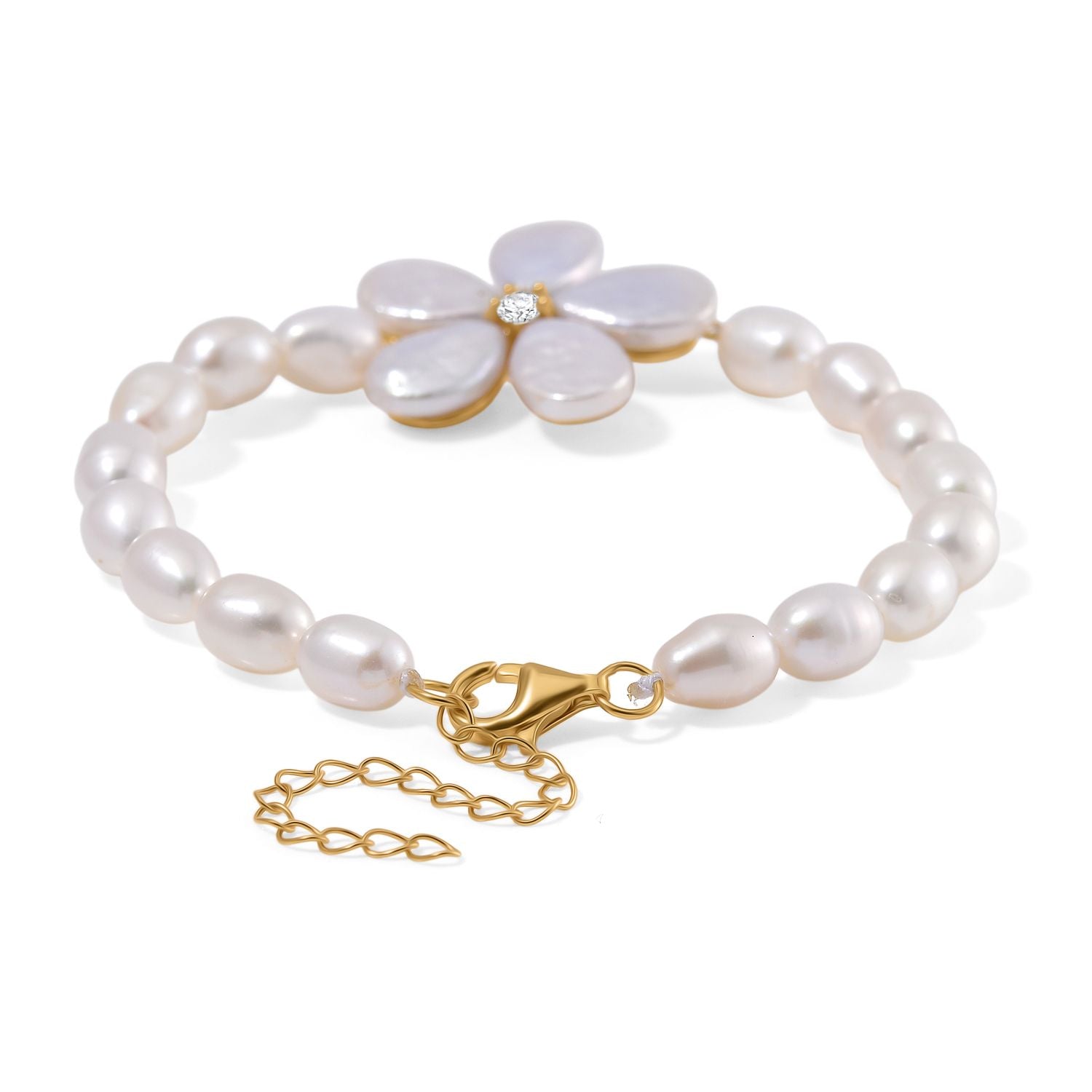 Keshi Perle (12x9 mm), weißes Süßwasser Perle (7-8mm) und Zirkonia Armband, 18+5cm, 925 Silber vergoldet