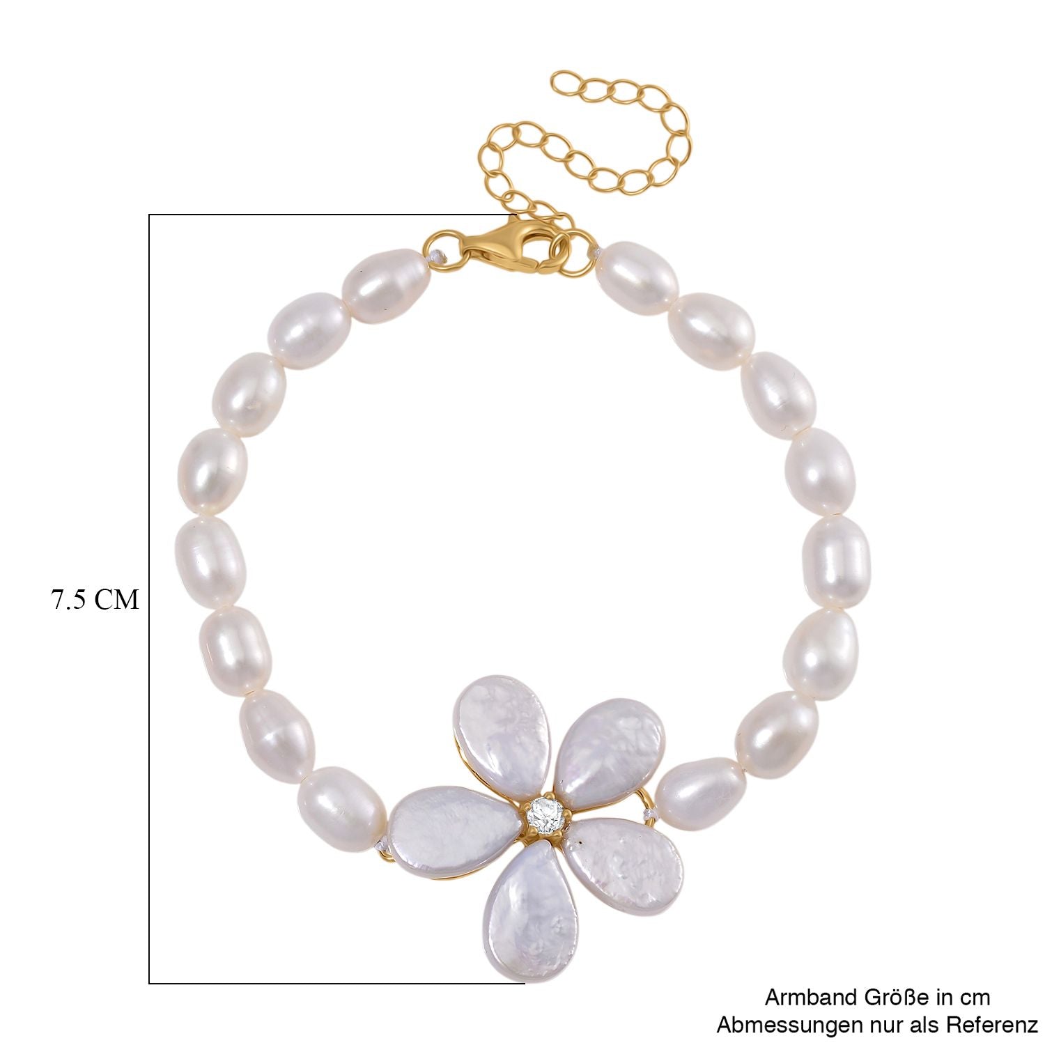 Keshi Perle (12x9 mm), weißes Süßwasser Perle (7-8mm) und Zirkonia Armband, 18+5cm, 925 Silber vergoldet