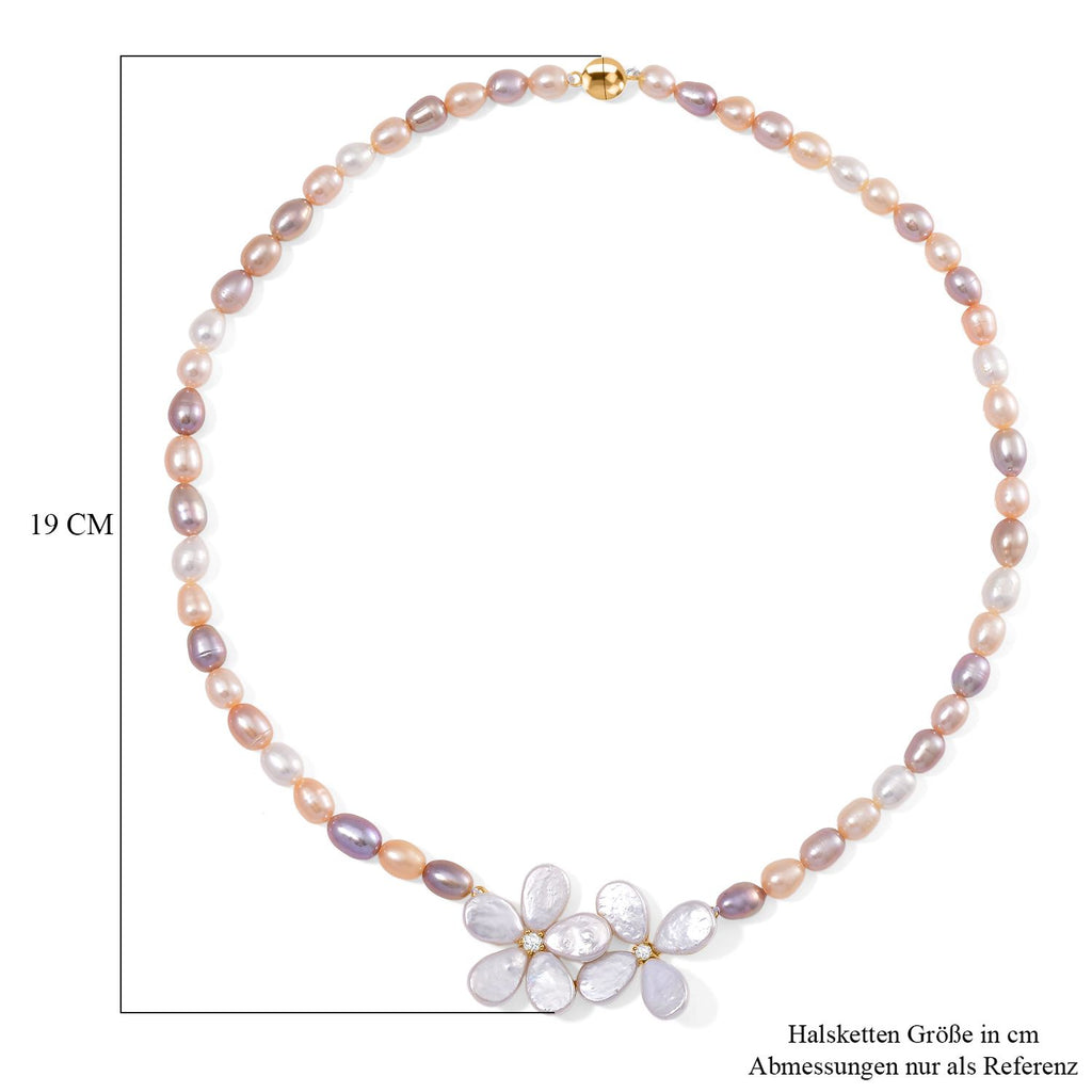 Keshi Perle (12x9 mm), Mehrfarbige Süßwasser Perle (7-8mm) Halskette ca. 50 cm 925 Silber vergoldet 160.30 ct