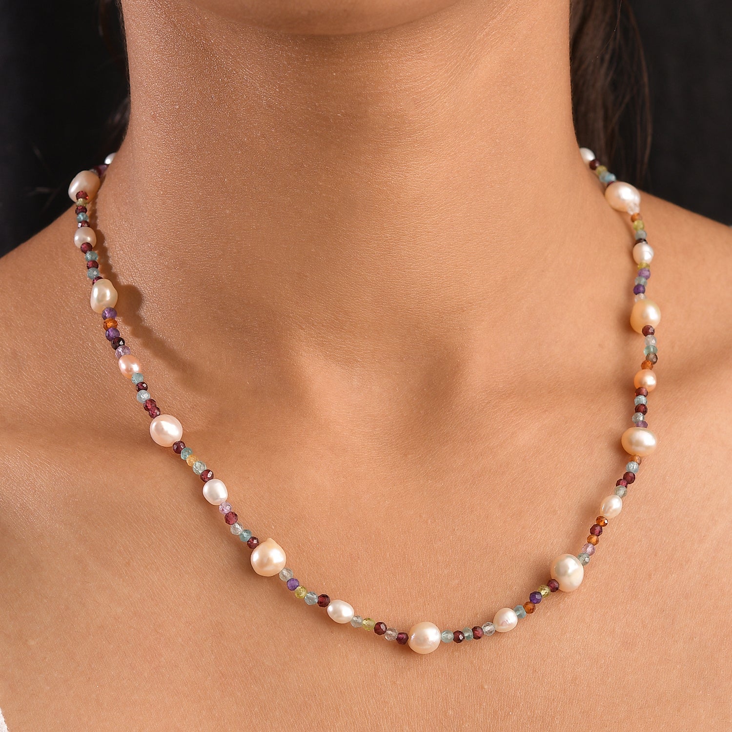 Mehrfarbige Süßwasser Perle und Multi Edelstein Halskette, 60+5cm, 925 Silber rhodiniert
