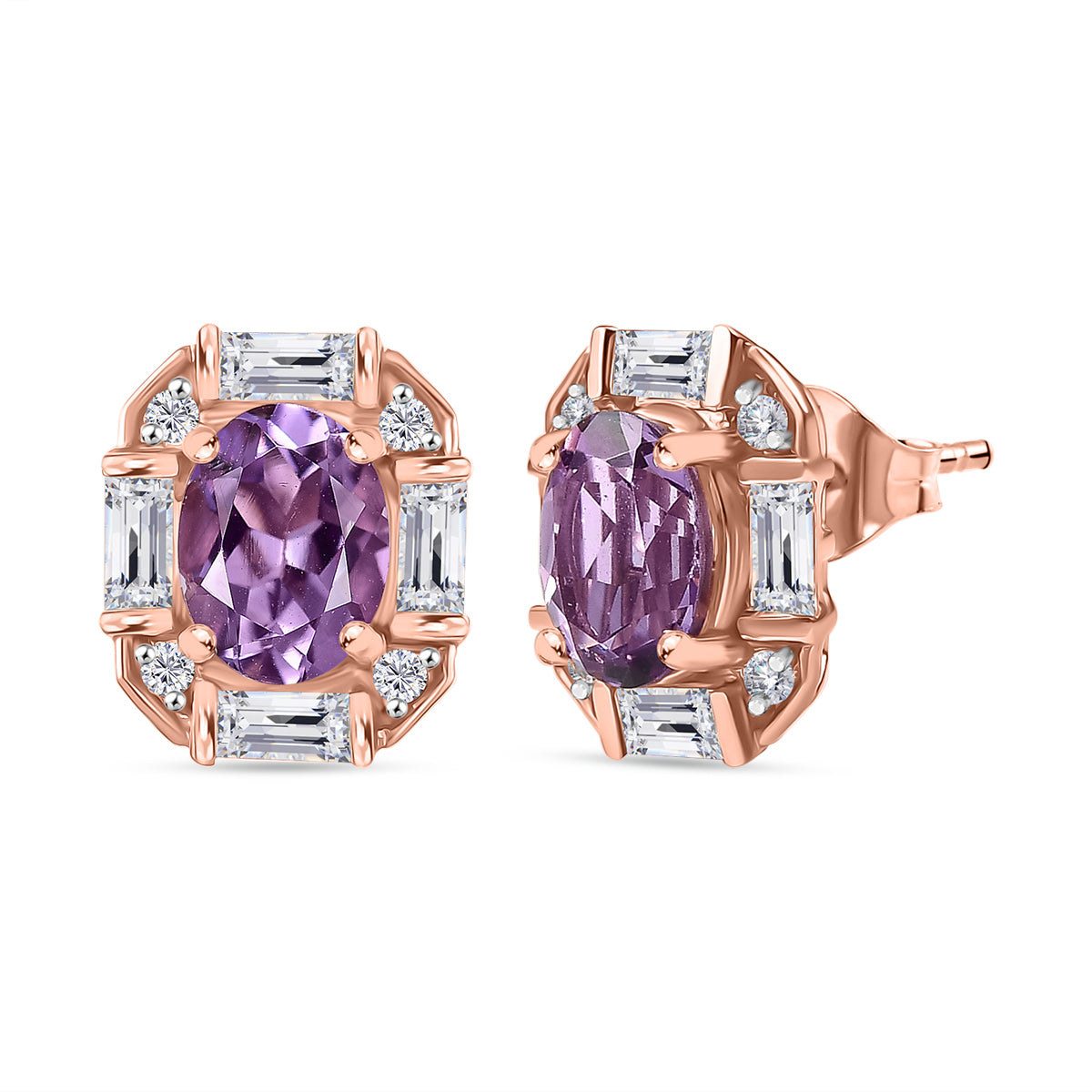 Zeitlose Art Kollektion - AA Rose De France Amethyst, Weißer Zirkon Ohrringe 925 Silber 750 rosévergoldet ca. 3.46 ct