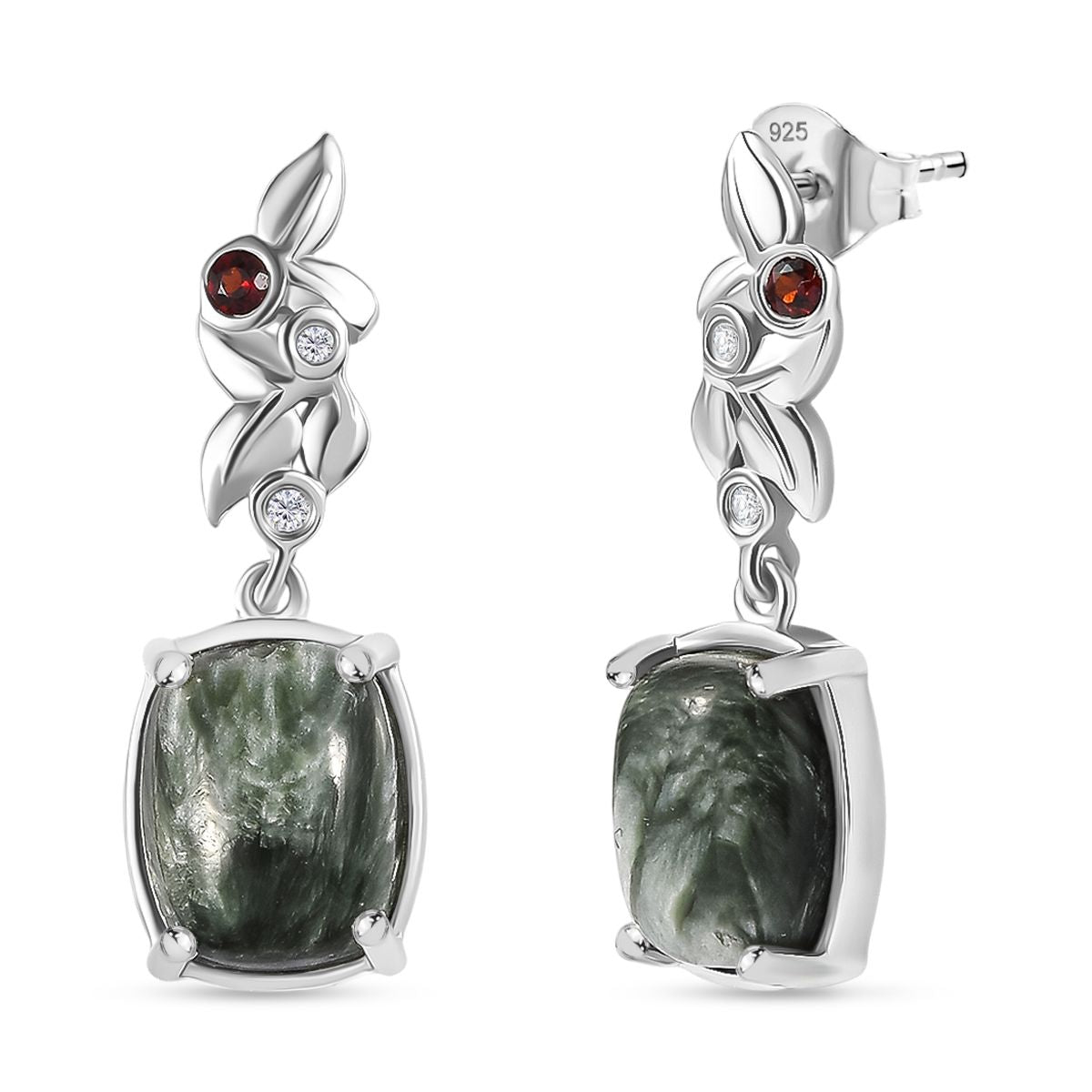 Viktorianische Blüte - Sibirischer Seraphinite, Rote Granat Ohrringe, 925 Silber platiniert ca. 6,61 ct