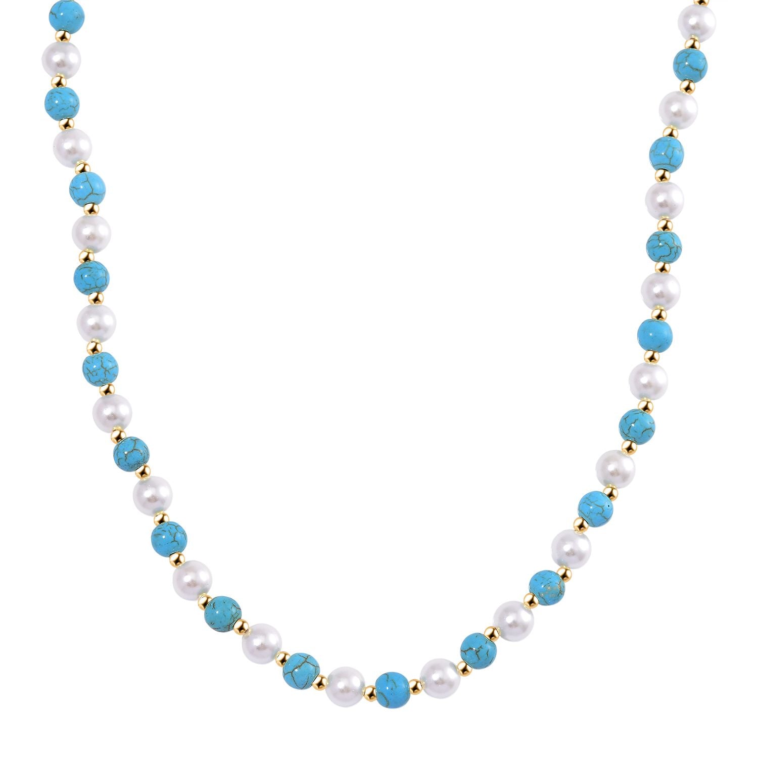 Blaue Howlit und weiße Muschelkernperle (7-9mm) Halskette, 45+5cm, Legierung vergoldet