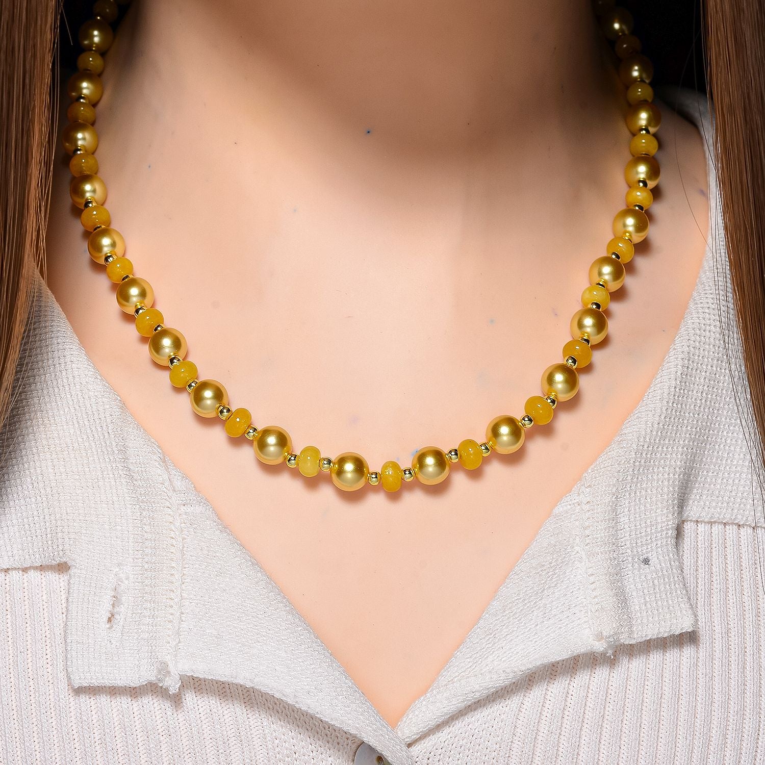 Goldene Muschelkernperle (7-9 mm) und gelbe Achat Halskette, 45+5cm, Legierung vergoldet