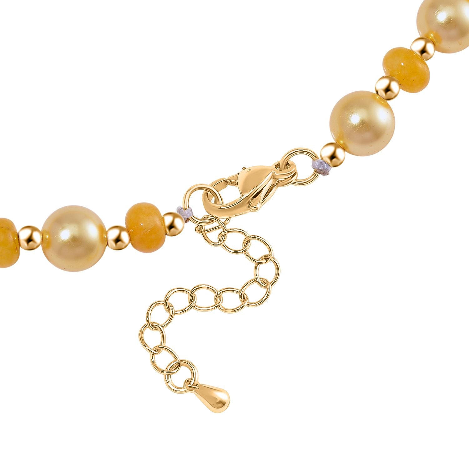 Goldene Muschelkernperle (7-9 mm) und gelbe Achat Halskette, 45+5cm, Legierung vergoldet