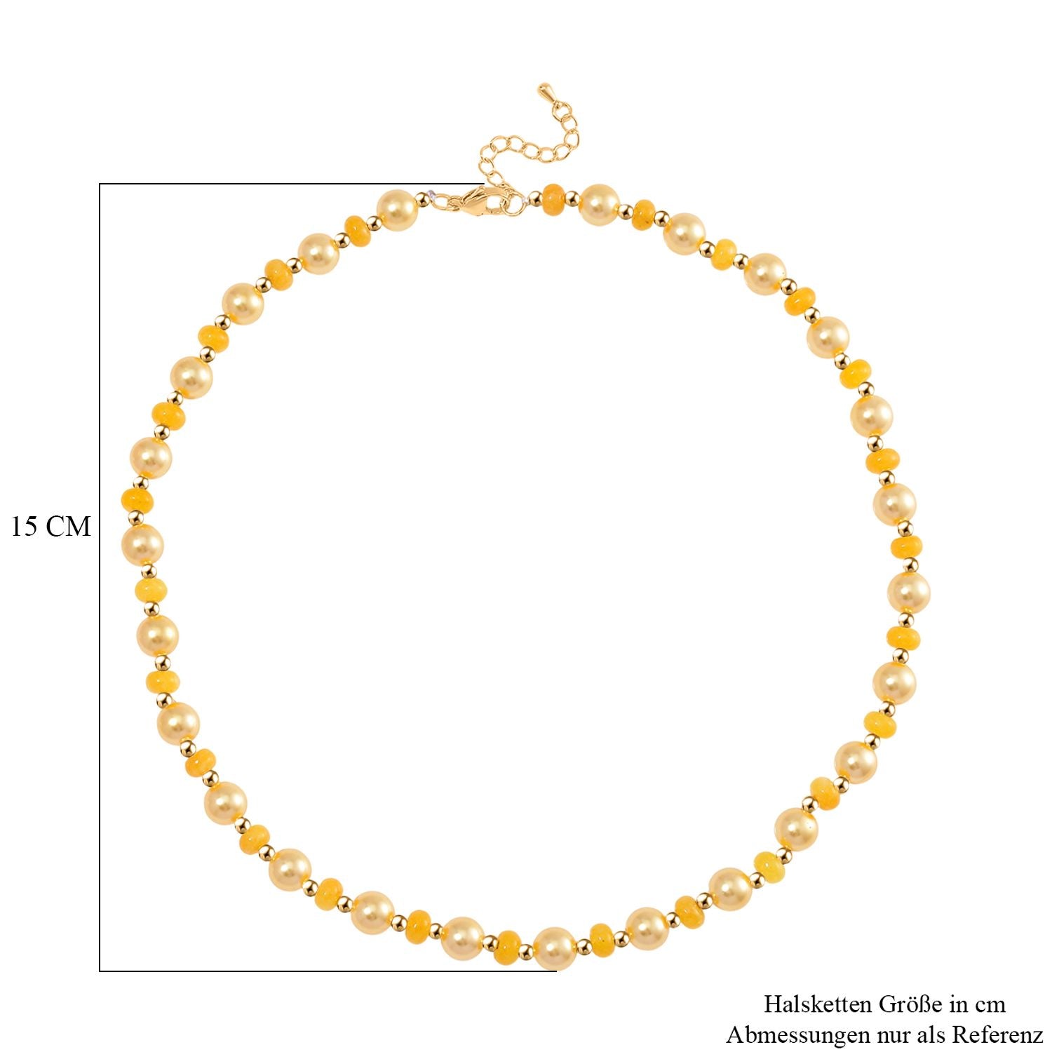 Goldene Muschelkernperle (7-9 mm) und gelbe Achat Halskette, 45+5cm, Legierung vergoldet
