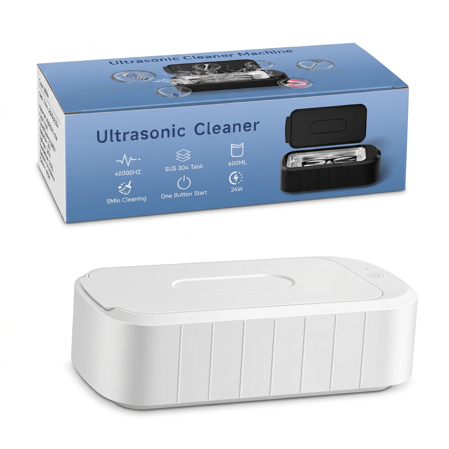 Ultraschall-Reinigungsgerät aus ABS und Edelstahl, 600 ml, 48.000 Hz, Weiß, 24,55 x 12 x 7 cm