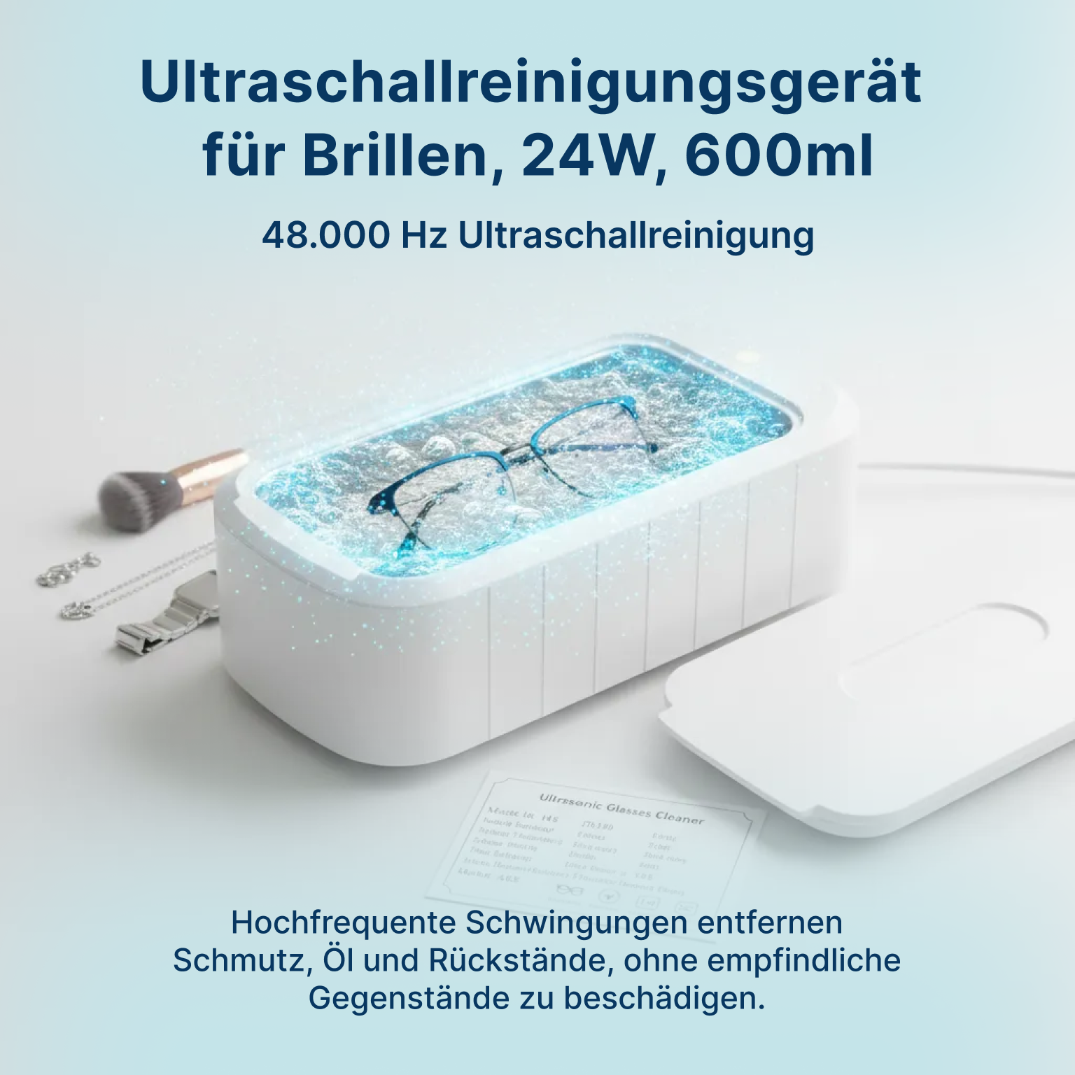 Ultraschall-Reinigungsgerät aus ABS und Edelstahl, 600 ml, 48.000 Hz, Weiß, 24,55 x 12 x 7 cm