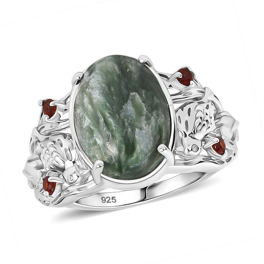 Viktorianische Blüte - Sibirischer Seraphinite, Roter Granat Ring, 925 Silber platiniert ca. 4.75 ct
