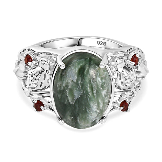 Viktorianische Blüte - Sibirischer Seraphinite, Roter Granat Ring, 925 Silber platiniert ca. 4.75 ct
