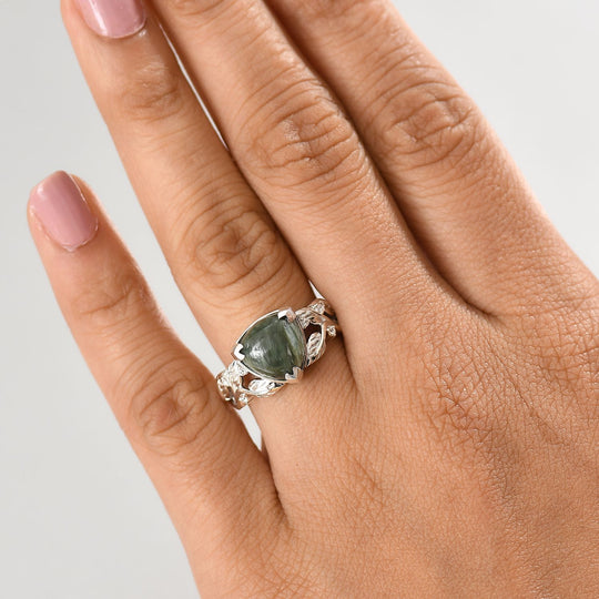Viktorianische Blüte - Sibirischer Seraphinite, Weißer Zirkon Ring 925 Silber rhodiniert ca. 3.80 ct