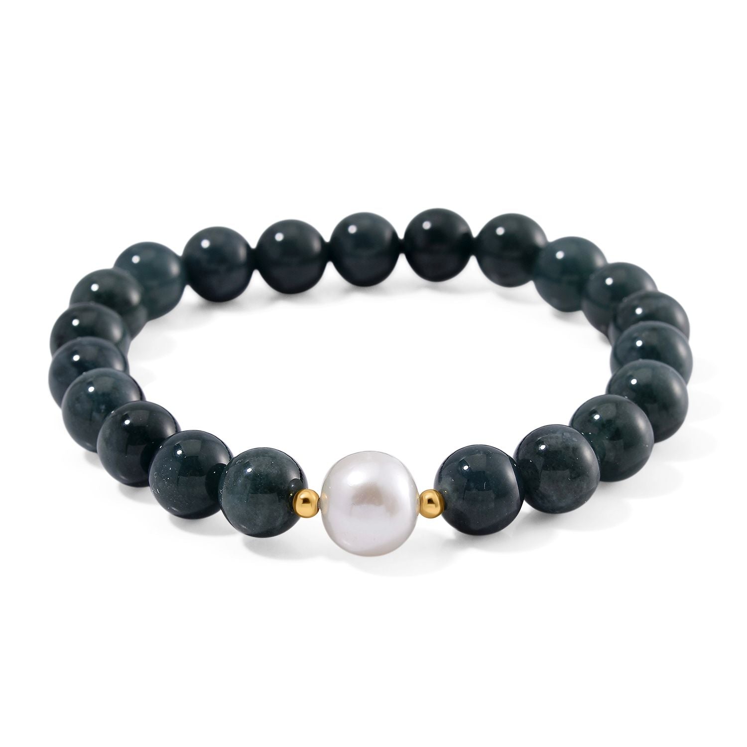 Flexibles weißes Edison Perle und natürliches Olmek Jadeit Armband, 925 Silber vergoldet