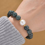 Weiße Edison Perle (10-12 mm), Natürlicher Olmek Jadeit Armband, Flexibles, 925 Silber vergoldet