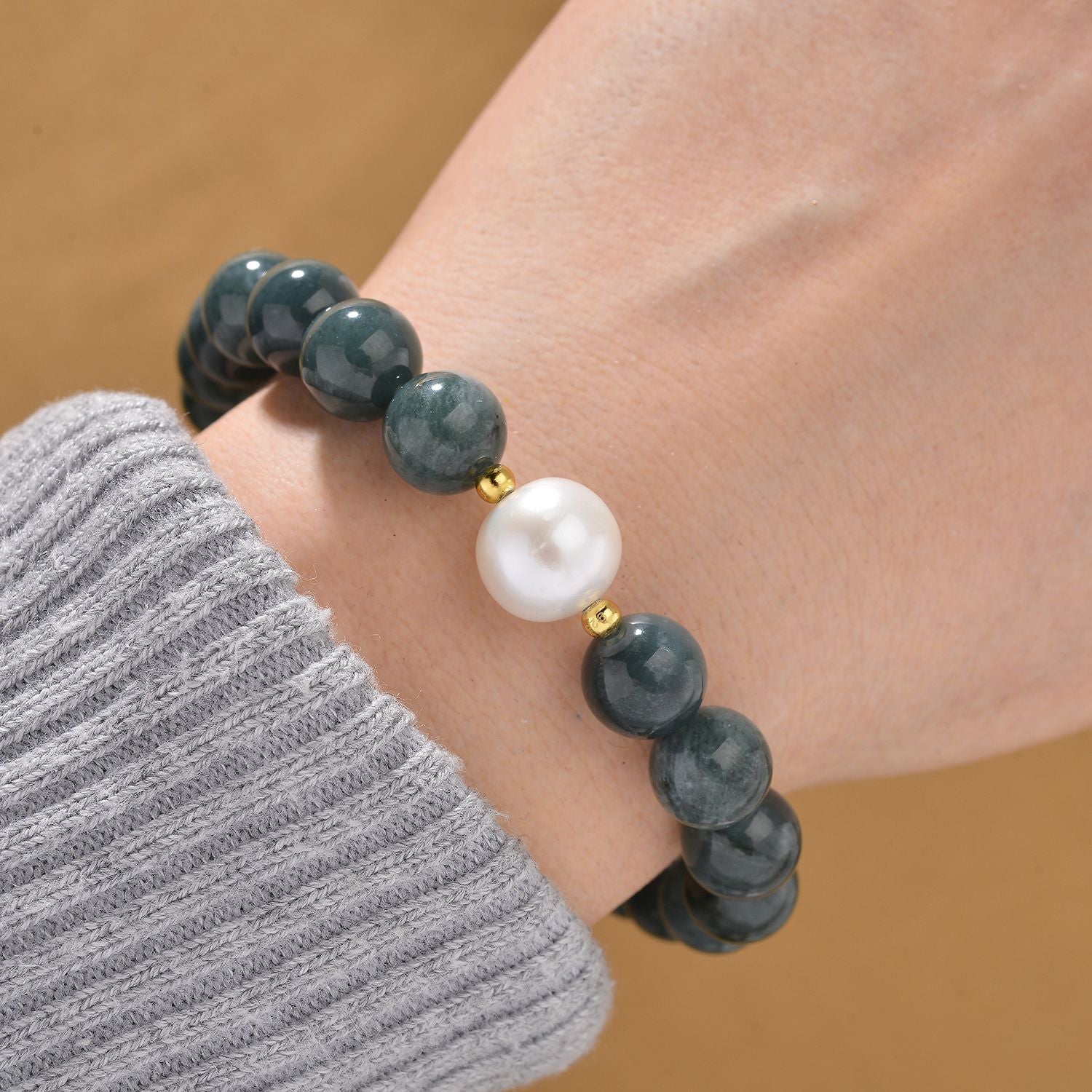 Weiße Edison Perle (10-12 mm), Natürlicher Olmek Jadeit Armband, Flexibles, 925 Silber vergoldet