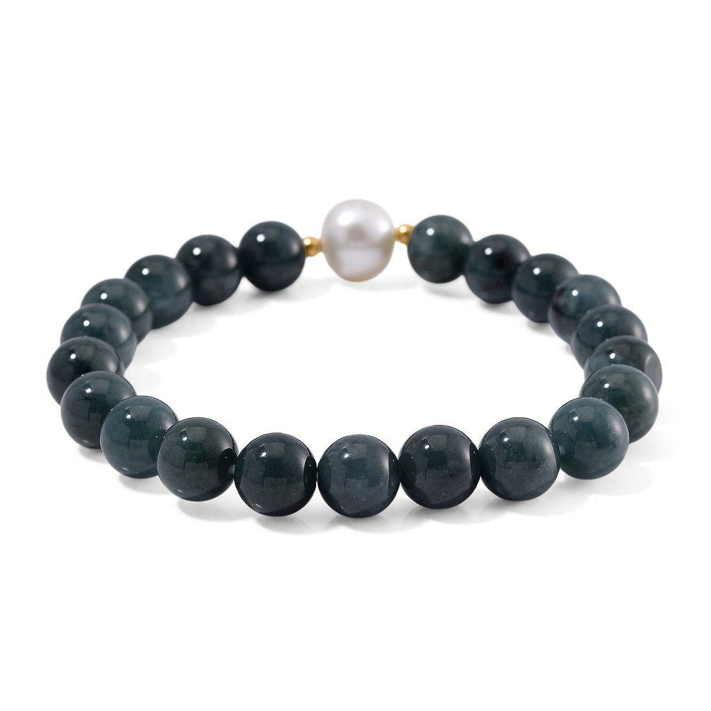 Weiße Edison Perle (10-12 mm), Natürlicher Olmek Jadeit Armband, Flexibles, 925 Silber vergoldet