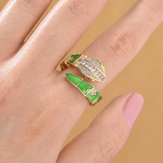 Weißer Zirkonia Ring Messing emailliert (Größe 17.00) Grün