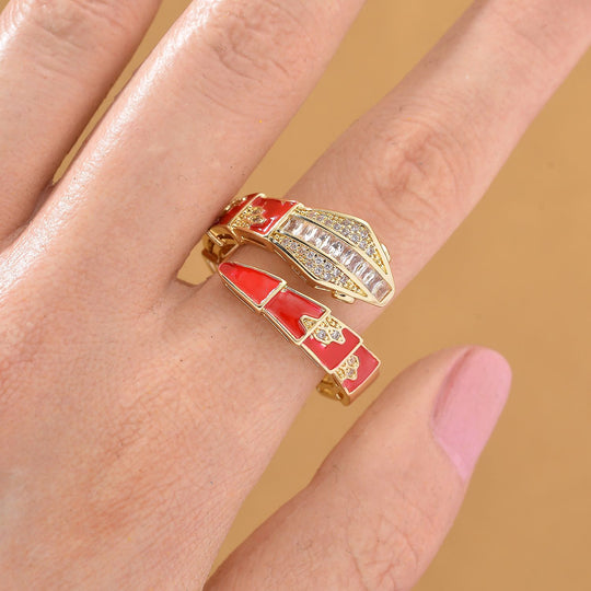 Weißer Zirkonia Ring Messing emailliert (Größe 17.00) Rot