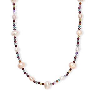 Premium Weiße Süßwasser Perle, Mehrfarbig Edelsteine Halskette ca. 60 cm 925 Silber Rhodiniert 89.00 ct