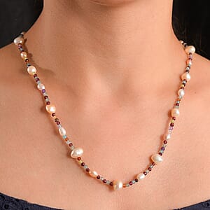 Premium Weiße Süßwasser Perle, Mehrfarbig Edelsteine Halskette ca. 60 cm + 5 cm Extender 925 Silber Rhodiniert 89.00 ct