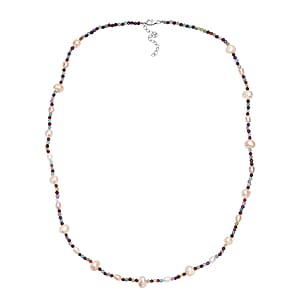 Premium Weiße Süßwasser Perle, Mehrfarbig Edelsteine Halskette ca. 60 cm 925 Silber Rhodiniert 89.00 ct