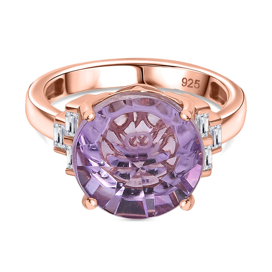 Zeitlose Art Kollektion - AA Rose De France Amethyst, Weißer Zirkon Ring 925 Silber 750 rosévergoldet (Größe 19.00) ca. 6.58 ct