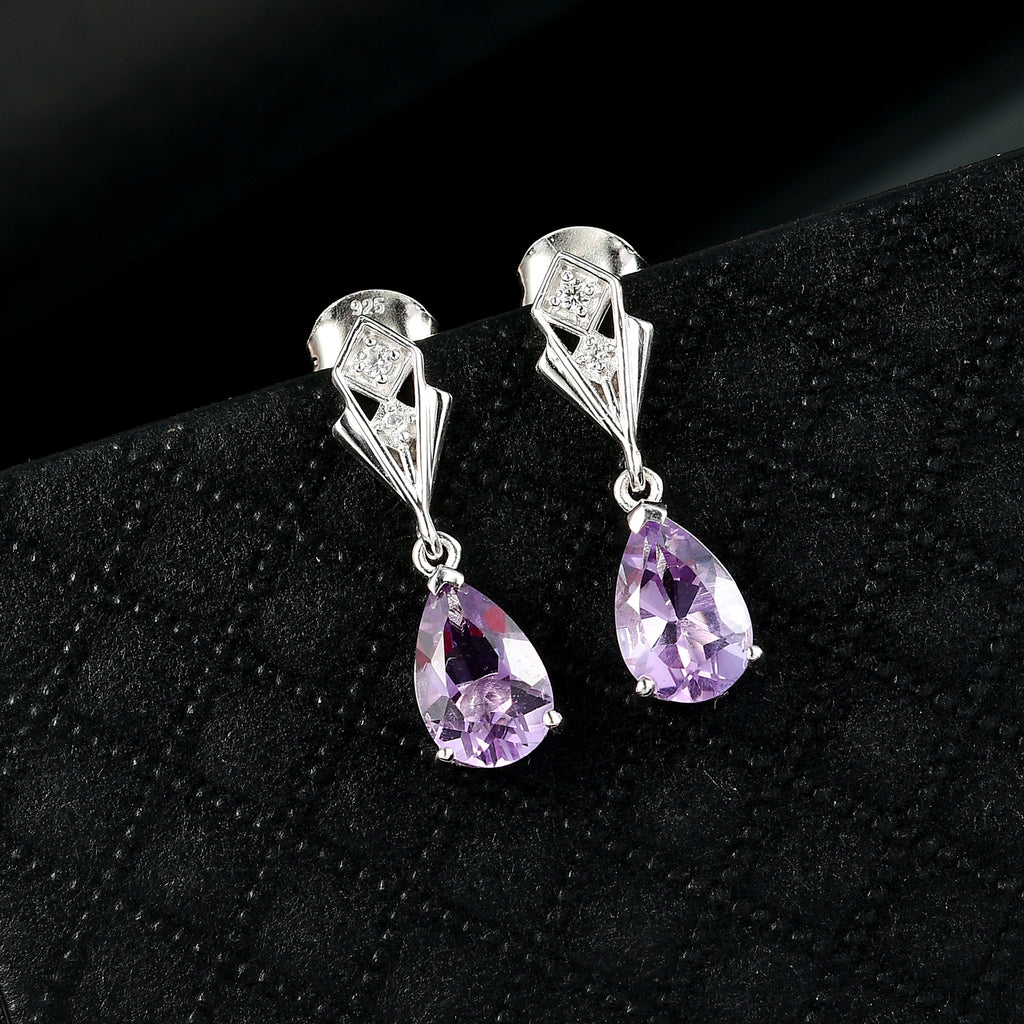 Zeitlose Art Kollektion - AA Rose De France Amethyst, Weißer Zirkon Ohrringe 925 Silber platiniert ca. 2.39 ct