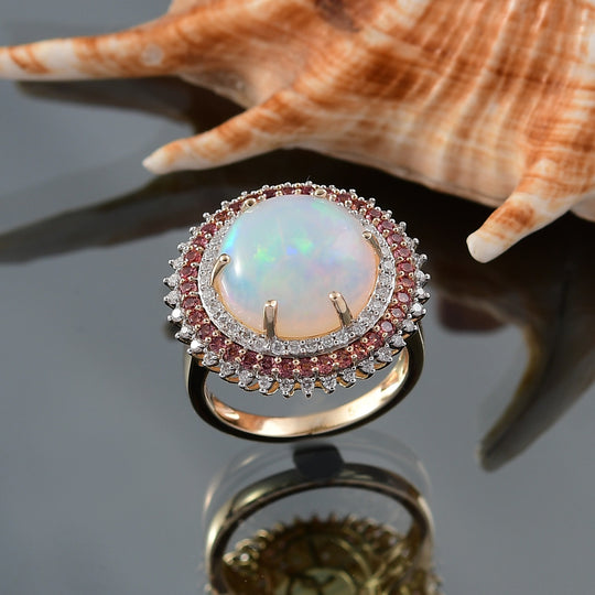 Solar Bloom-AAAA Natürlicher, äthiopischer Welo Opal, Padparadscha Saphir Ring 585 Gold (Größe 19.00) ca. 6.07 ct