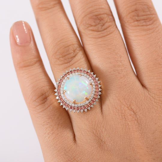 Solar Bloom-AAAA Natürlicher, äthiopischer Welo Opal, Padparadscha Saphir Ring 585 Gold (Größe 19.00) ca. 6.07 ct