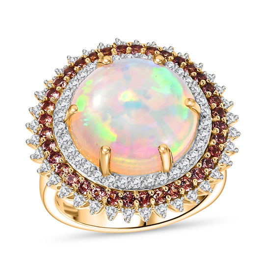 Solar Bloom-AAAA Natürlicher, äthiopischer Welo Opal, Padparadscha Saphir Ring 585 Gold (Größe 19.00) ca. 6.07 ct