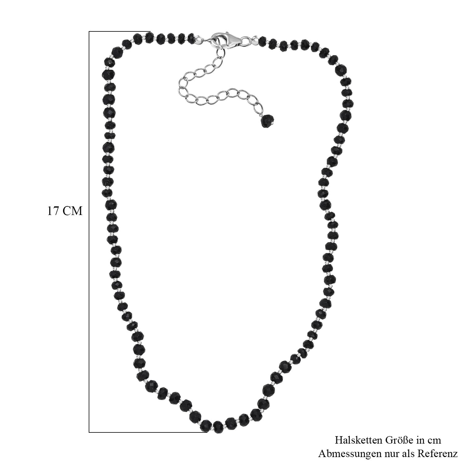 AA Schwarzer Spinell Halskette ca. 45 cm+ 5 cm Extender, 925 Silber rhodiniert ca. 80,00 ct.