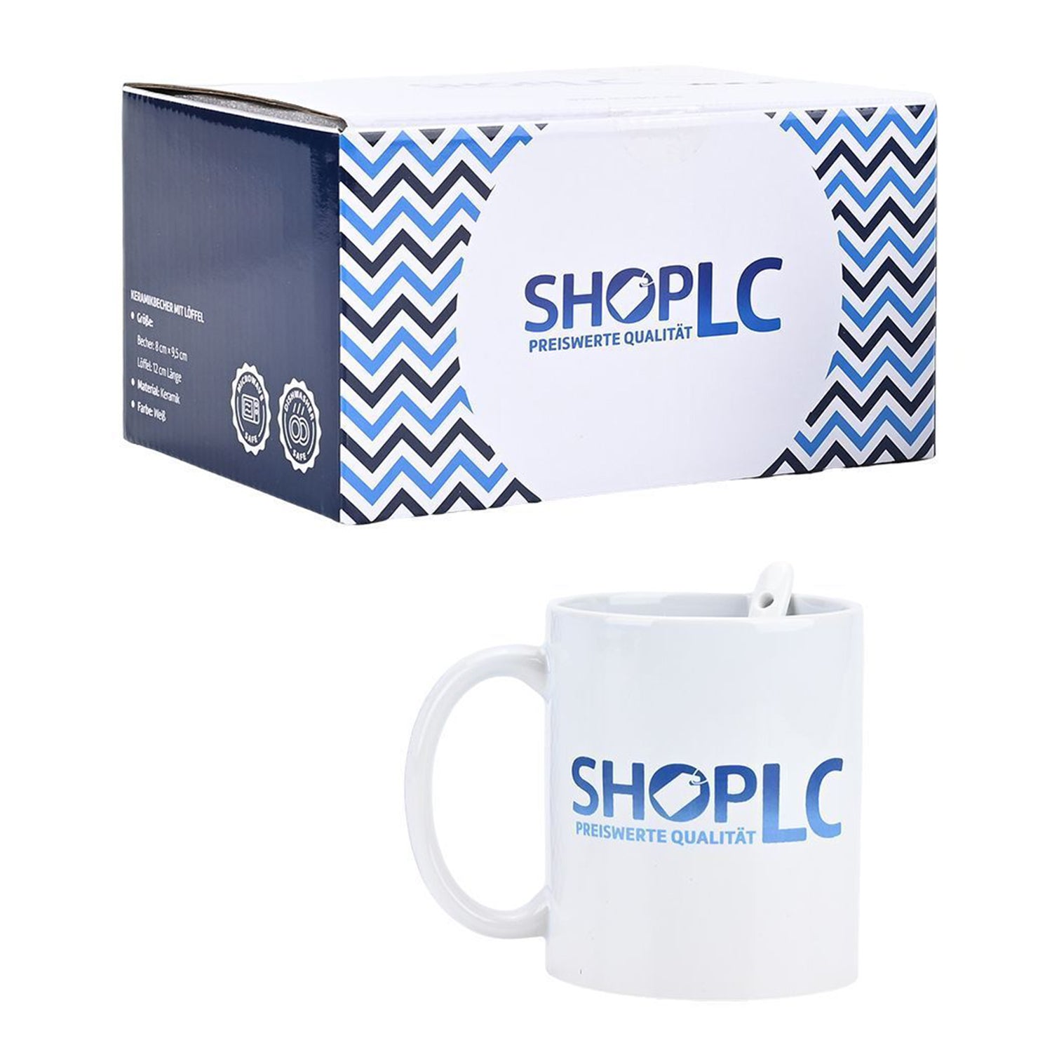 Keramik-Tassen-Set mit Löffel und ShopLC-Logo, 8x9,5 cm (Tasse), 12 cm (Löffel), Weiß