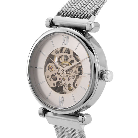 GENOA TIME V2 Automatik-Mechanische Uhr, 37mm, IPG-Beschichtung, Weißes Sonnenschliff-Zifferblatt, Edelstahl-Mesh-Armband mit Magnetverschluss, Edelstahl-Gehäuseboden mit Glas, Wasserdicht, Blau
